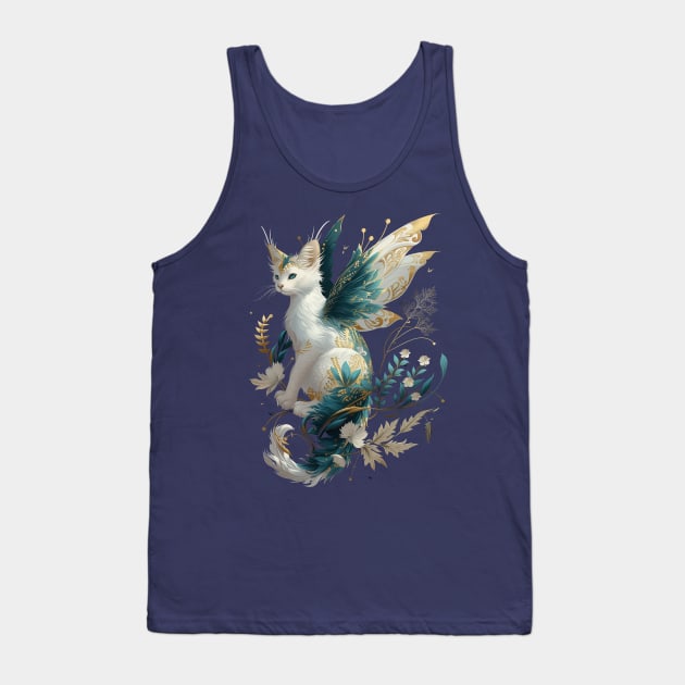 Majestic Cat Dragon Fairy Art - White and Teal with Gold Accents Tank Top by Tannaidhe's Designs